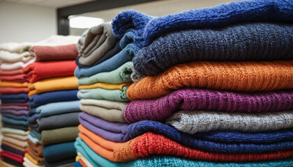 Stack of multi colored textiles in a woolen textile  - Powered by Adobe