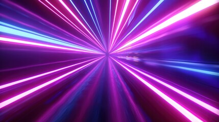 
3D render of an abstract, vibrant neon background featuring ultra violet rays, glowing lines, and the illusion of speed of light