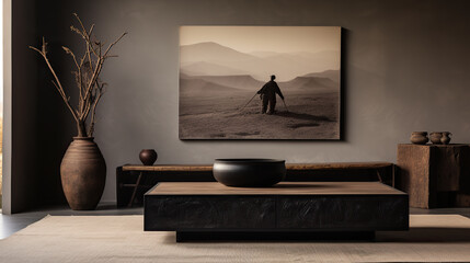 Interior of modern living room with brown walls, concrete floor, dark wooden sofa and black vase with dried flowers. 3d rendering