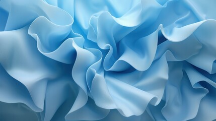 
3D rendering of a contemporary blue background featuring intricate folded ribbons up close. A fashionable wallpaper showcasing wavy layers and stylish ruffles.