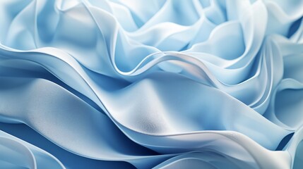 
3D rendering of a contemporary blue background featuring intricate folded ribbons up close. A fashionable wallpaper showcasing wavy layers and stylish ruffles.