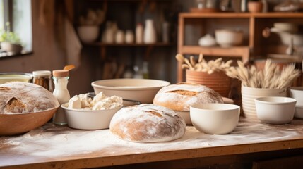 Fototapeta na wymiar A photo capturing an artisanal bread baking setup in the kitchen, showcasing dough, sourdough starter, and rustic bread loaves 