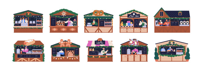 Christmas market stalls set. Wooden chalets, outdoor kiosks, shops. Winter holiday stands, wood booths with Xmas drinks, food and gifts. Flat graphic vector illustrations isolated on white background