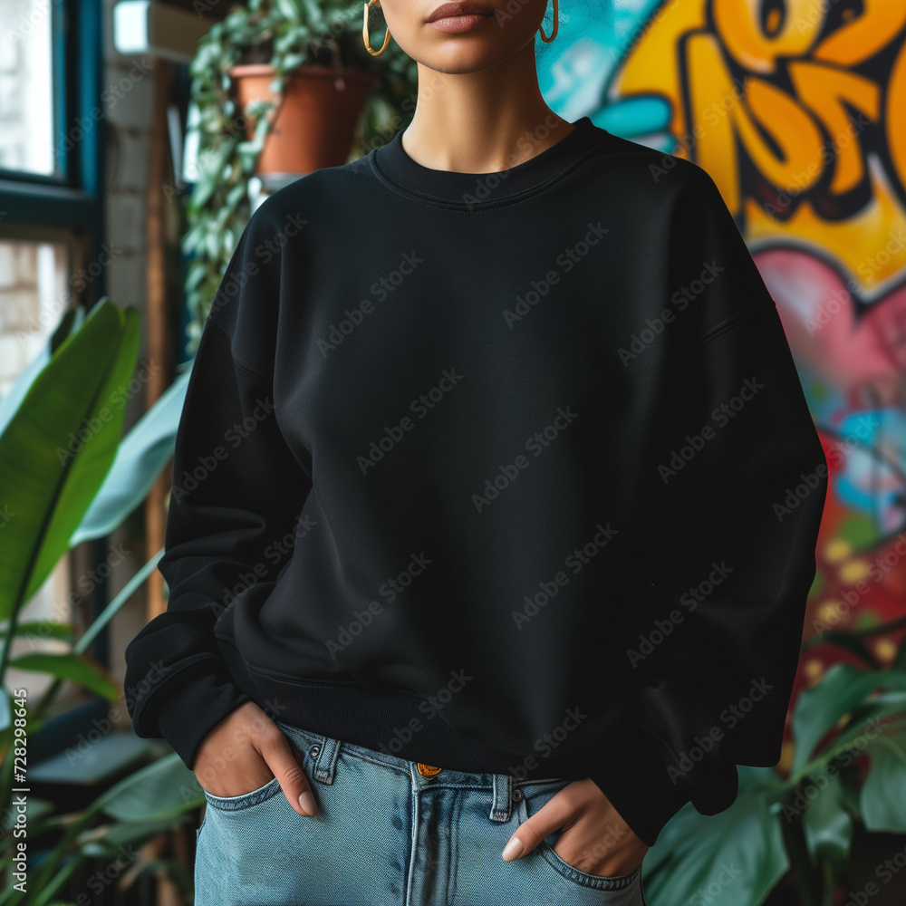 Wall mural Black Sweatshirt Mockup, Woman, Girl, Female, Model, Wearing a Black Oversized Sweatshirt and Blue Jeans, Fitted Blank Sweatshirt Template, Standing in a Room with Plants, Close-up View