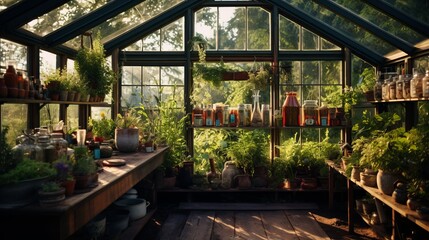 An image featuring a greenhouse with a collection of culinary herbs, emphasizing their use in cooking and culinary applications. --ar 16:9 Job ID: ff3dc817-2e91-4c0d-9ab7-e7b0e6d061a6