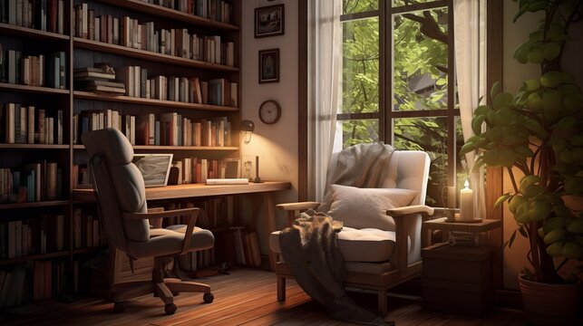 An image featuring a home office that incorporates a cozy reading nook, with bookshelves, a comfortable chair, and a warm ambiance. 