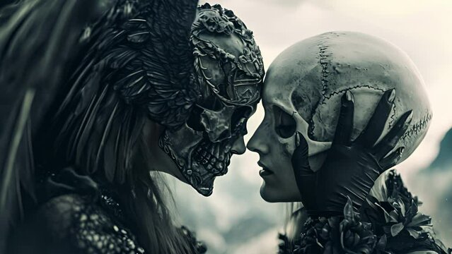 A gothic angel with jet black wings reaches out to touch a metallic skull adorned with alchemical symbols as if unlocking its secrets.