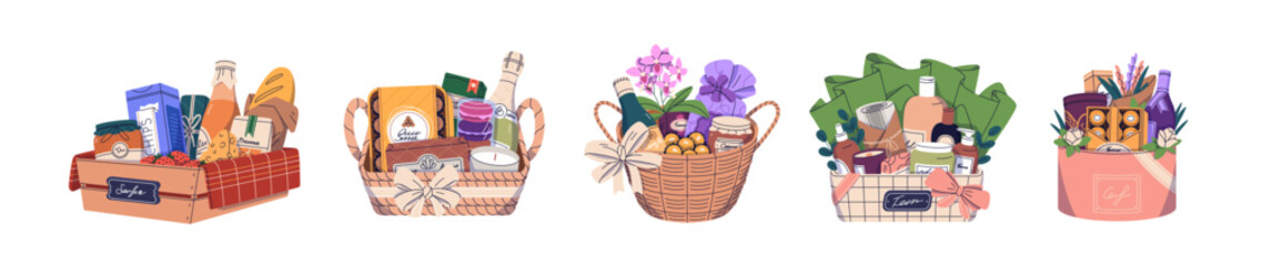 Gift baskets set. Food, sweets and cosmetics kits in wood box, wicker, hamper. Holiday presents with snacks, wine, beauty products, confectionery. Flat vector illustration isolated on white background - 728298810