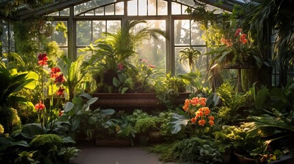 Scenes of a greenhouse dedicated to bromeliads and ferns, showcasing the beauty of these unique and lush plants 