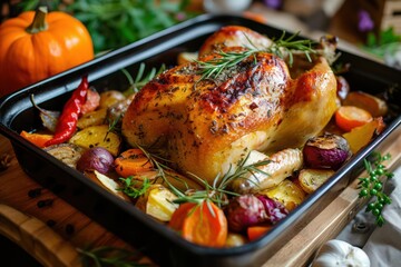 High angle view of a roasted chicken with some vegetables on a baking dish. 