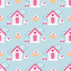 Seamless cute cartoon pattern with birds, birdhouses and clouds on a blue background.