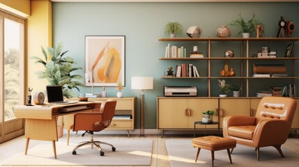 Scenes of a home office with mid-century modern design elements, featuring iconic furniture and a retro-inspired workspace.