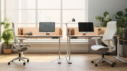 Scenes of a home office with a focus on ergonomic design, featuring adjustable desks, ergonomic chairs, and a workspace optimized for productivity. 