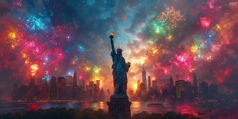 Glowing Lady Liberty A Spectacular Firework Display Generative AI