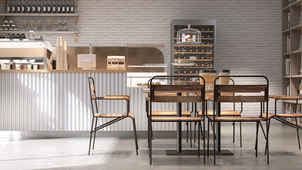 Wooden table and chairs in modern loft, white brick wall cafe and bakery shop with counter, professional espresso machine, cake display fridge, book shelf for coffee shop, bistro business 3D