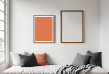 Wooden frame mockup on white wall. Poster. Simple, modern frame. void Text or product indoors. Home mockup frame. 