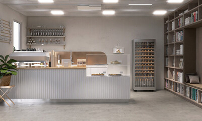 Interior design of modern loft coffee shop cafe with counter, espresso machine, cash register, cake display, beverage fridge in sunlight from glass door for restaurant decoration background 3D