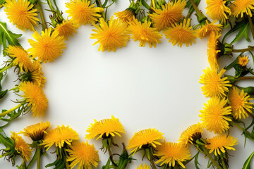 A rectangular frame composed of vibrant dandelion blooms