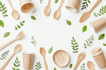 Top view of a background pattern made of eco friendly disposable tableware on white background 