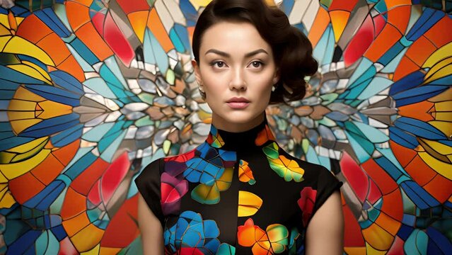 A stunning elegant Asian woman in a sleek black qipao stands out a a mosaic of colors in a vibrant and exotic marketplace.