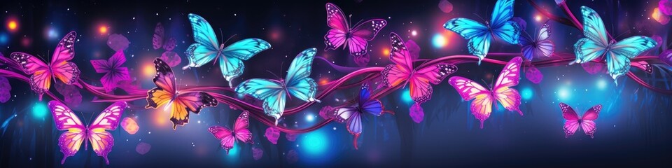 Fantastic background with butterflies and magical glowing stars on a black and purple background. Neon light. - obrazy, fototapety, plakaty