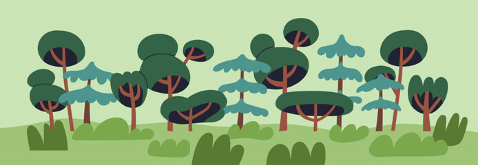Forest landscape. Trees and shrubs, spring nature panorama. Summer scenery with wood plants, bushes, grass. Abstract green environment, wild woodland, countryside. Flat vector illustration © Good Studio