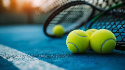 Tennis balls and racket on a wooden bench - obrazy, fototapety, plakaty