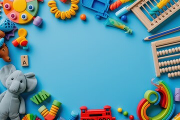 Top view of a large group of colorful toddler toys disposed at the borders of the image leaving a useful copy space at the center on a bluish background.