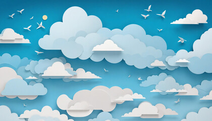 Creative paper cut style of blue sky and clouds for design projects related to nature environment or decoration. 