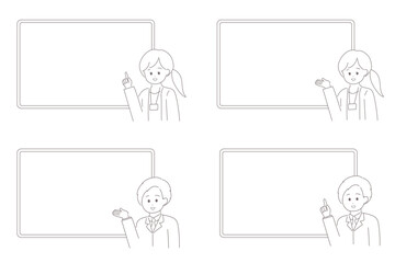 ホワイトボードで説明をする男女のイラスト　指さし・案内ポーズセット