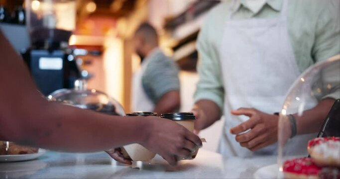 Takeaway, coffee and hands of barista giving customer a order in cafe, service and small business. Retail, bakery and cafeteria server closeup offer espresso, latte or tea in morning, sale at shop