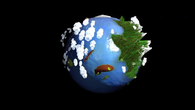 Earth globe low poly 3D rendering animation comic style with clouds, mountains and landscape in front of black background