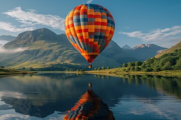 Rainbow Hot Air Balloon Ride Over Lake Generative AI