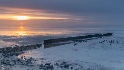 Old breakwater and stones are exposed during low tide on the Wadden Sea at sunset. The rippled mud bottom becomes visible, along with stones and the wooden posts of an old seawall lying on the seabed.