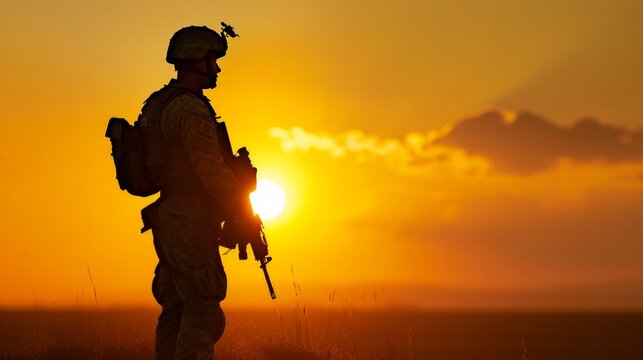 American soldier silhouette during sunset