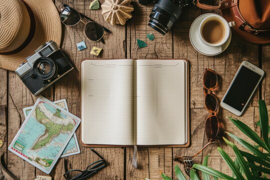 Top view of an opened notebook surrounded by various traveling stuff such as a coffee cup, a camera with some snapshots, a smartphone