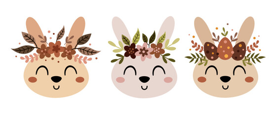 Boho Easter bunny face clipart. Happy Easter clip art in cartoon flat style, perfect for scrapbooking, stickers, tags, greeting cards, party invitations, decor. Vector illustration.