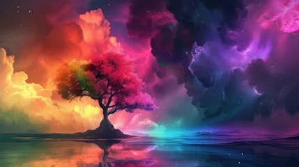 Foto op Canvas Beautiful colorful landscape with a tree, wallpaper © Elvin