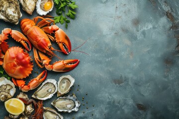 Top view of various crustaceans and seafood such as a crab, shrimps, oyster, squid and crayfish and some fresh aromatic herbs. 