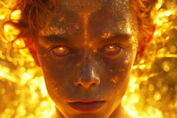 Belenus, Celtic Youth: Face with Radiant Orange Eyes, Glowing Skin, Bathed in Golden Light