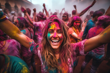Joyful woman celebrating Holi festival with vibrant colors