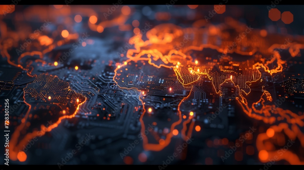 Poster digital world map of the world with lines and orange dots
