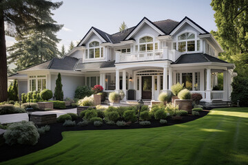 A classic American country house with a green lawn in front of the house. Generated by artificial intelligence