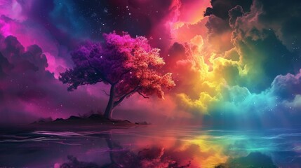 Beautiful colorful landscape with a tree, wallpaper