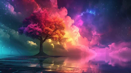 Zelfklevend Fotobehang Beautiful colorful landscape with a tree, wallpaper © Elvin