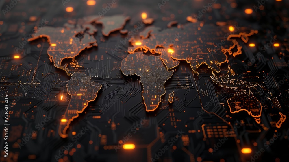 Poster digital world map of the world with lines and orange dots