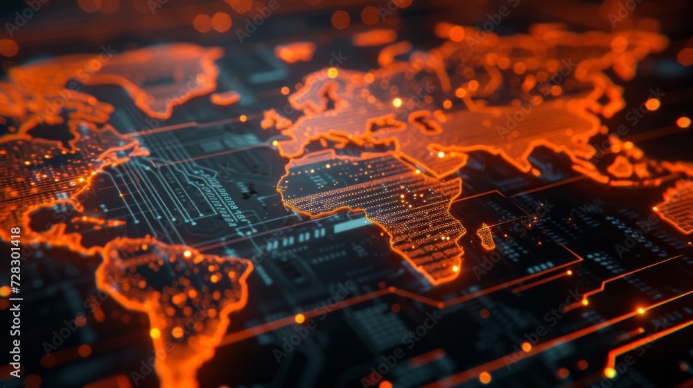 Poster digital world map of the world with lines and orange dots
