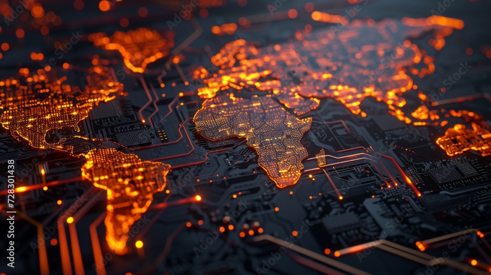 Poster digital world map of the world with lines and orange dots