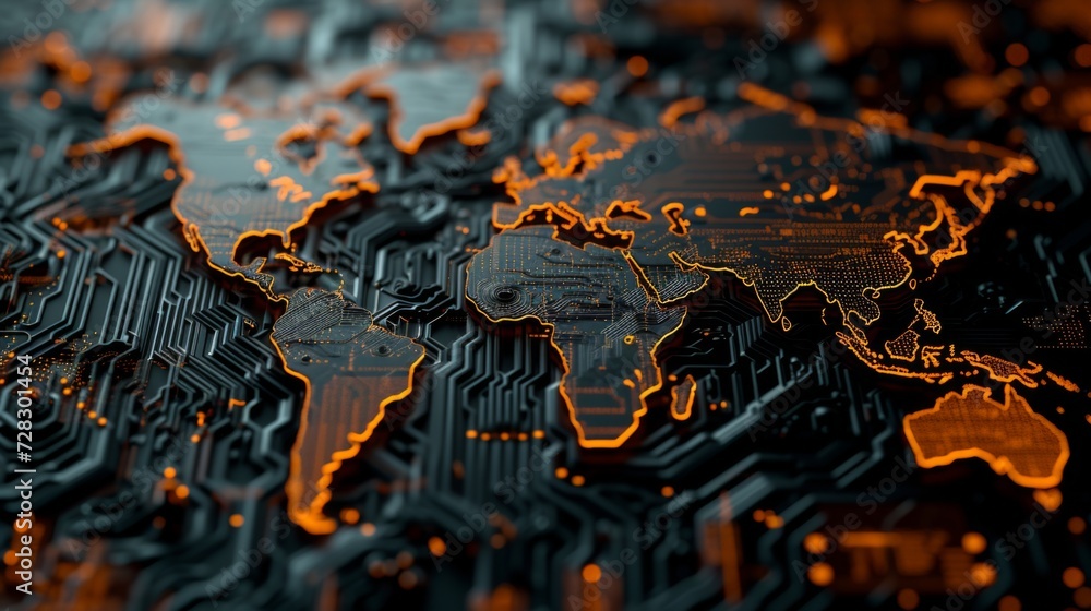 Poster digital world map of the world with lines and orange dots