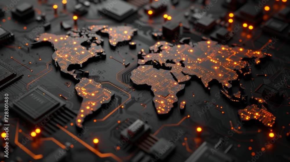 Poster digital world map of the world with lines and orange dots